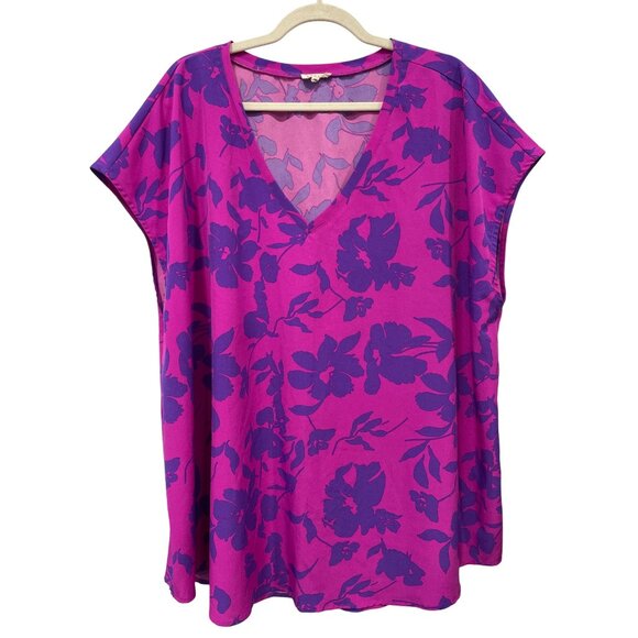 Jodifl Tunic Top Plus Size 3X VNeck Short Sleeve Fuchsia Purple Bold Floral Boho - Picture 1 of 6